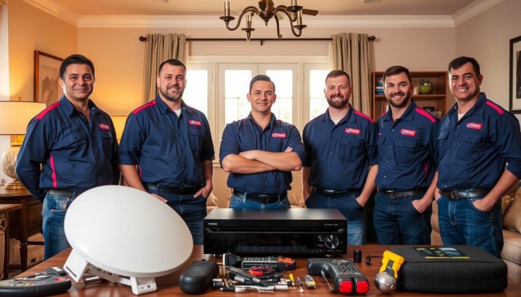 A well-equipped and professional DSTV installation team, dressed in branded uniforms, standing confidently in a cozy, well-lit home interior. The foreground features their tools and equipment, neatly organized, conveying expertise and attention to detail. The middle ground showcases the technicians, their faces expressing approachability and competence, as they demonstrate the installation process on a modern DSTV decoder. The background features tasteful decor, suggesting a comfortable and welcoming environment. The lighting is warm and natural, creating a inviting atmosphere. The overall composition emphasizes the reliability, professionalism, and customer-centric approach of the DSTV installation experts. A well-equipped and professional DSTV installation team, dressed in branded uniforms, standing confidently in a cozy, well-lit home interior. The foreground features their tools and equipment, neatly organized, conveying expertise and attention to detail. The middle ground showcases the technicians, their faces expressing approachability and competence, as they demonstrate the installation process on a modern DSTV decoder. The background features tasteful decor, suggesting a comfortable and welcoming environment. The lighting is warm and natural, creating a inviting atmosphere. The overall composition emphasizes the reliability, professionalism, and customer-centric approach of the DSTV installation experts.