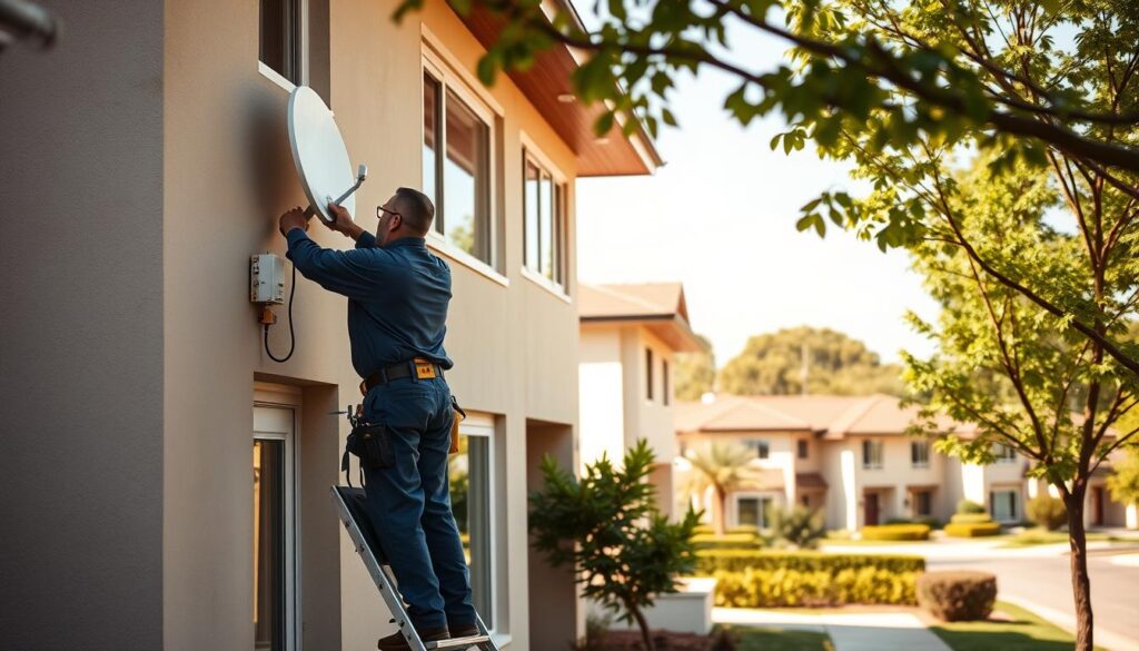 A well-equipped and professional DStv installation team working in a residential Petervale neighborhood. In the foreground, two technicians in uniform neatly installing a DStv satellite dish on the exterior of a modern two-story home. In the middle ground, a service van with the DStv logo parked on the street, tools and equipment visible. In the background, a row of similar houses with lush greenery, suggesting a quiet, upscale suburban setting. Warm, natural daylight illuminates the scene, casting gentle shadows. The overall atmosphere conveys a sense of competence, efficiency and attention to detail in the DStv installation process. A well-equipped and professional DStv installation team working in a residential Petervale neighborhood. In the foreground, two technicians in uniform neatly installing a DStv satellite dish on the exterior of a modern two-story home. In the middle ground, a service van with the DStv logo parked on the street, tools and equipment visible. In the background, a row of similar houses with lush greenery, suggesting a quiet, upscale suburban setting. Warm, natural daylight illuminates the scene, casting gentle shadows. The overall atmosphere conveys a sense of competence, efficiency and attention to detail in the DStv installation process.