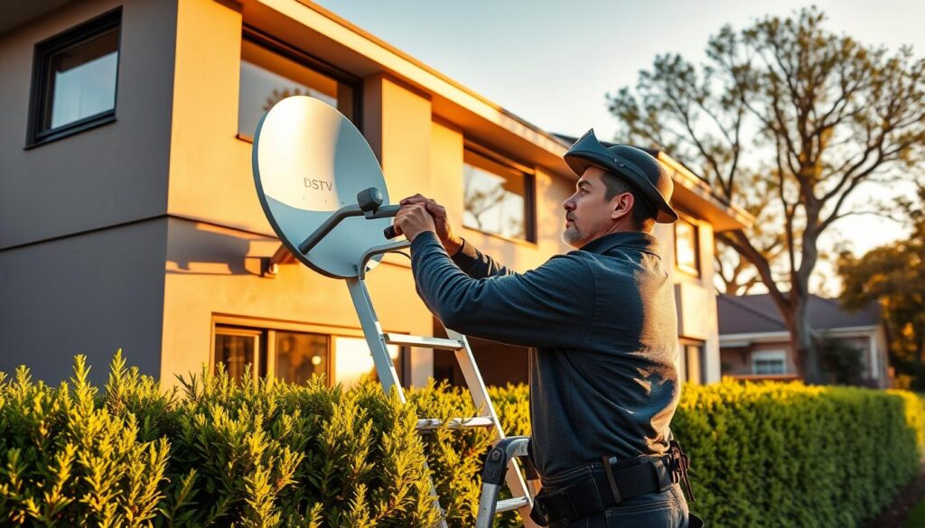 A well-equipped technician diligently installing a DSTV satellite dish on the exterior of a modern, two-story residential home in Wendywood. The scene is bathed in warm, golden afternoon sunlight, casting soft shadows and highlights across the professional's focused expression and the sleek, silver equipment. In the middle ground, a ladder leans against the façade, underscoring the care and precision required for this expert installation service. The background features neatly trimmed hedges and a tranquil, tree-lined suburban neighborhood, conveying a sense of reliable, high-quality DSTV services tailored to the Wendywood community. A well-equipped technician diligently installing a DSTV satellite dish on the exterior of a modern, two-story residential home in Wendywood. The scene is bathed in warm, golden afternoon sunlight, casting soft shadows and highlights across the professional's focused expression and the sleek, silver equipment. In the middle ground, a ladder leans against the façade, underscoring the care and precision required for this expert installation service. The background features neatly trimmed hedges and a tranquil, tree-lined suburban neighborhood, conveying a sense of reliable, high-quality DSTV services tailored to the Wendywood community.