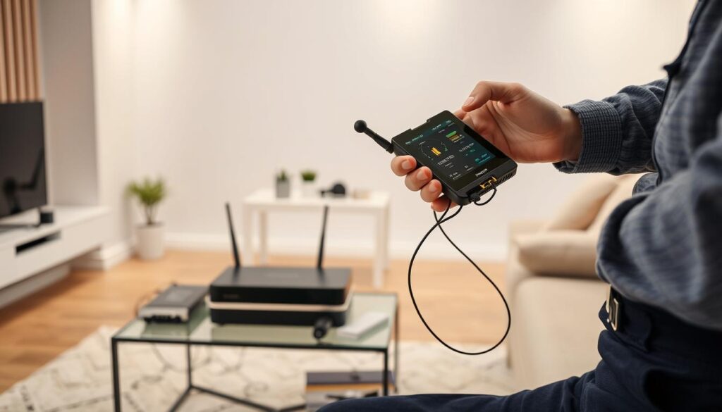 A well-equipped technician inspecting a DStv WiFi installation in a cozy living room. The foreground shows the technician's hands skillfully connecting cables and checking signal strength on a handheld device. The middle ground features the DStv box, router, and other equipment neatly arranged on a side table. The background depicts a modern, minimalist room with soft, even lighting casting a warm glow. The overall scene conveys a sense of professionalism, attention to detail, and a seamless integration of technology into the home environment. A well-equipped technician inspecting a DStv WiFi installation in a cozy living room. The foreground shows the technician's hands skillfully connecting cables and checking signal strength on a handheld device. The middle ground features the DStv box, router, and other equipment neatly arranged on a side table. The background depicts a modern, minimalist room with soft, even lighting casting a warm glow. The overall scene conveys a sense of professionalism, attention to detail, and a seamless integration of technology into the home environment.