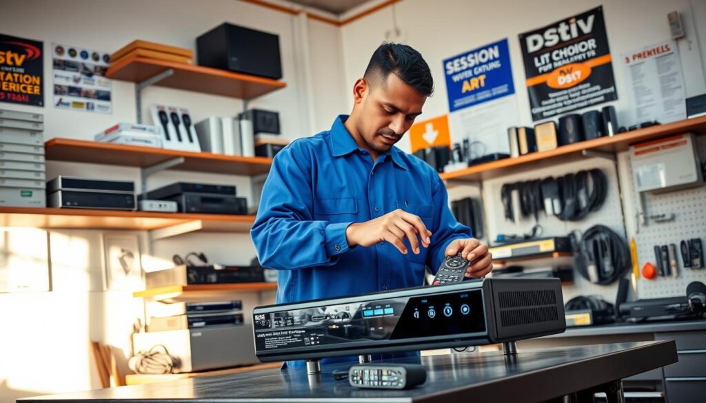 A well-lit and clean workshop interior, with a technician in a blue uniform examining a DStv satellite receiver on a workbench. In the background, shelves are filled with various DStv components, remote controls, and diagnostic tools. The walls are adorned with informative posters and signage related to DStv troubleshooting and repair services. Warm, natural lighting filters in through large windows, creating a professional and welcoming atmosphere. The overall scene conveys expertise, attention to detail, and a commitment to providing comprehensive DStv signal problem fix and troubleshooting solutions. A well-lit and clean workshop interior, with a technician in a blue uniform examining a DStv satellite receiver on a workbench. In the background, shelves are filled with various DStv components, remote controls, and diagnostic tools. The walls are adorned with informative posters and signage related to DStv troubleshooting and repair services. Warm, natural lighting filters in through large windows, creating a professional and welcoming atmosphere. The overall scene conveys expertise, attention to detail, and a commitment to providing comprehensive DStv signal problem fix and troubleshooting solutions.