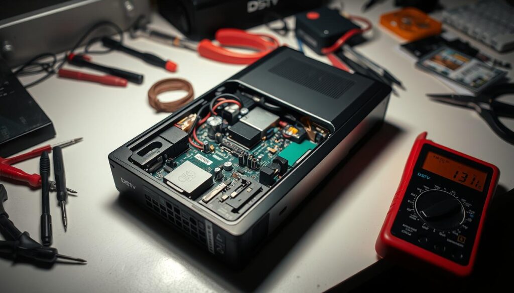 A well-lit, close-up view of a DStv decoder with its cover removed, showcasing the intricate components and circuitry inside. The decoder is placed on a clean, organized workbench, surrounded by a selection of specialized tools, including screwdrivers, pliers, and a multimeter. The scene conveys a sense of expertise and attention to detail, as if captured during a professional DStv repair service in Sandton. The lighting casts subtle shadows, highlighting the textures and details of the decoder, creating a visually appealing and informative image to accompany the article section on common DStv issues. A well-lit, close-up view of a DStv decoder with its cover removed, showcasing the intricate components and circuitry inside. The decoder is placed on a clean, organized workbench, surrounded by a selection of specialized tools, including screwdrivers, pliers, and a multimeter. The scene conveys a sense of expertise and attention to detail, as if captured during a professional DStv repair service in Sandton. The lighting casts subtle shadows, highlighting the textures and details of the decoder, creating a visually appealing and informative image to accompany the article section on common DStv issues.