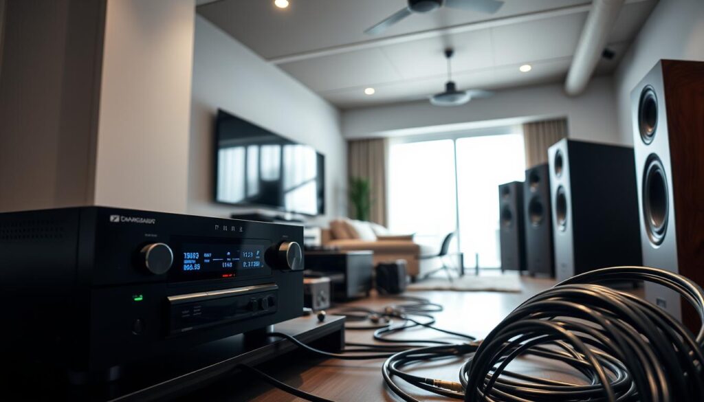 A well-lit, expansive home audio setup showcasing a state-of-the-art receiver, high-fidelity speakers, and meticulously arranged cables. In the foreground, a sleek, modern audio rack displays the integrated components, their LED displays casting a soft glow. Midground features neatly coiled speaker wires and audio interconnects, expertly routed for optimal performance. The background reveals a stylish, minimalist living space with ample natural lighting, creating an immersive and inviting atmosphere for an elevated audio experience. The scene conveys a sense of technical expertise, attention to detail, and a passion for exceptional sound quality. A well-lit, expansive home audio setup showcasing a state-of-the-art receiver, high-fidelity speakers, and meticulously arranged cables. In the foreground, a sleek, modern audio rack displays the integrated components, their LED displays casting a soft glow. Midground features neatly coiled speaker wires and audio interconnects, expertly routed for optimal performance. The background reveals a stylish, minimalist living space with ample natural lighting, creating an immersive and inviting atmosphere for an elevated audio experience. The scene conveys a sense of technical expertise, attention to detail, and a passion for exceptional sound quality.