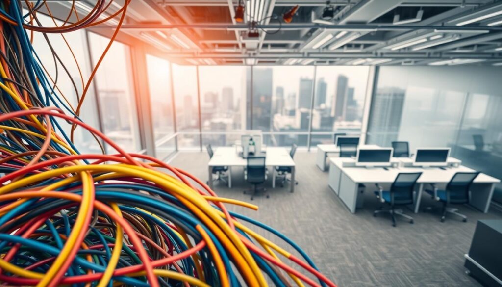 A well-lit, high-angle view of a detailed cable management plan for Sandton. The foreground shows an intricate web of color-coded cables, neatly organized and routed through a sophisticated cable tray system. The middle ground features a clean, modern office space with sleek desks and workstations, complementing the orderly cable management. The background showcases the iconic Sandton skyline, conveying a sense of professionalism and attention to detail in the cable installation process. The image has a sharp focus, crisp lighting, and a cool, technical tone befitting the subject matter. A well-lit, high-angle view of a detailed cable management plan for Sandton. The foreground shows an intricate web of color-coded cables, neatly organized and routed through a sophisticated cable tray system. The middle ground features a clean, modern office space with sleek desks and workstations, complementing the orderly cable management. The background showcases the iconic Sandton skyline, conveying a sense of professionalism and attention to detail in the cable installation process. The image has a sharp focus, crisp lighting, and a cool, technical tone befitting the subject matter.