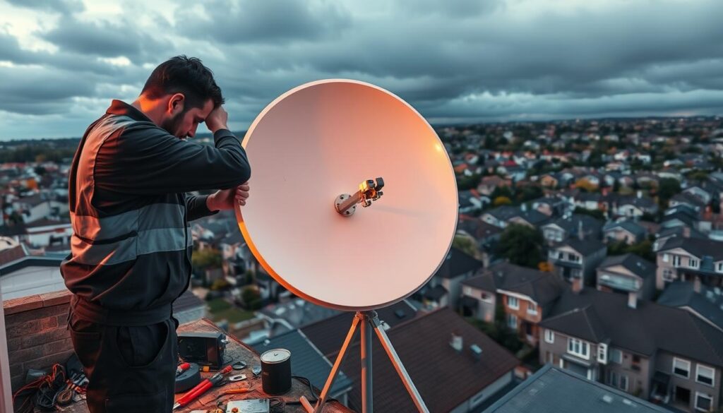 A well-lit, high-angle view of a satellite dish installation and alignment service. In the foreground, a technician in a uniform is carefully adjusting the dish, with various tools and equipment neatly arranged nearby. The middle ground features the satellite dish mounted on a sturdy tripod, its reflective surface gleaming under the warm lighting. In the background, a cityscape with residential buildings and a cloudy sky creates a sense of context. The overall scene conveys a professional, technical atmosphere with attention to detail and precision. A well-lit, high-angle view of a satellite dish installation and alignment service. In the foreground, a technician in a uniform is carefully adjusting the dish, with various tools and equipment neatly arranged nearby. The middle ground features the satellite dish mounted on a sturdy tripod, its reflective surface gleaming under the warm lighting. In the background, a cityscape with residential buildings and a cloudy sky creates a sense of context. The overall scene conveys a professional, technical atmosphere with attention to detail and precision.