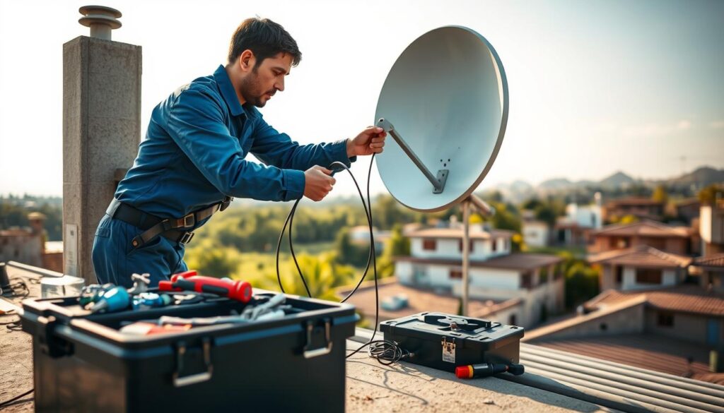 A well-lit, high-quality photograph of a professional DStv installation service in Khyber Rock. The foreground shows a technician in a blue uniform skillfully connecting cables to a sleek, modern DStv satellite dish mounted on a rooftop. The middle ground features the technician's toolbox and equipment, conveying expertise and attention to detail. The background showcases the picturesque surroundings of Khyber Rock, with lush greenery and the distinctive architecture of local buildings. The lighting is warm and natural, creating a welcoming and trustworthy atmosphere. The composition is balanced and the focus is sharp, highlighting the technician's dedication to providing comprehensive DStv installation services. A well-lit, high-quality photograph of a professional DStv installation service in Khyber Rock. The foreground shows a technician in a blue uniform skillfully connecting cables to a sleek, modern DStv satellite dish mounted on a rooftop. The middle ground features the technician's toolbox and equipment, conveying expertise and attention to detail. The background showcases the picturesque surroundings of Khyber Rock, with lush greenery and the distinctive architecture of local buildings. The lighting is warm and natural, creating a welcoming and trustworthy atmosphere. The composition is balanced and the focus is sharp, highlighting the technician's dedication to providing comprehensive DStv installation services.