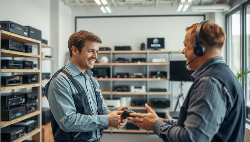 A well-lit interior scene depicting the technical support services for DStv Extra View. In the foreground, a technician in a uniform is attentively assisting a customer with a DStv receiver, explaining the setup process. The middle ground features various DStv equipment and accessories neatly organized on shelves. The background showcases a modern, minimalist office space with large windows, allowing natural light to flood the room. The overall atmosphere conveys a sense of professionalism, efficiency, and a dedication to providing top-notch customer service for DStv Extra View installation and support. A well-lit interior scene depicting the technical support services for DStv Extra View. In the foreground, a technician in a uniform is attentively assisting a customer with a DStv receiver, explaining the setup process. The middle ground features various DStv equipment and accessories neatly organized on shelves. The background showcases a modern, minimalist office space with large windows, allowing natural light to flood the room. The overall atmosphere conveys a sense of professionalism, efficiency, and a dedication to providing top-notch customer service for DStv Extra View installation and support.