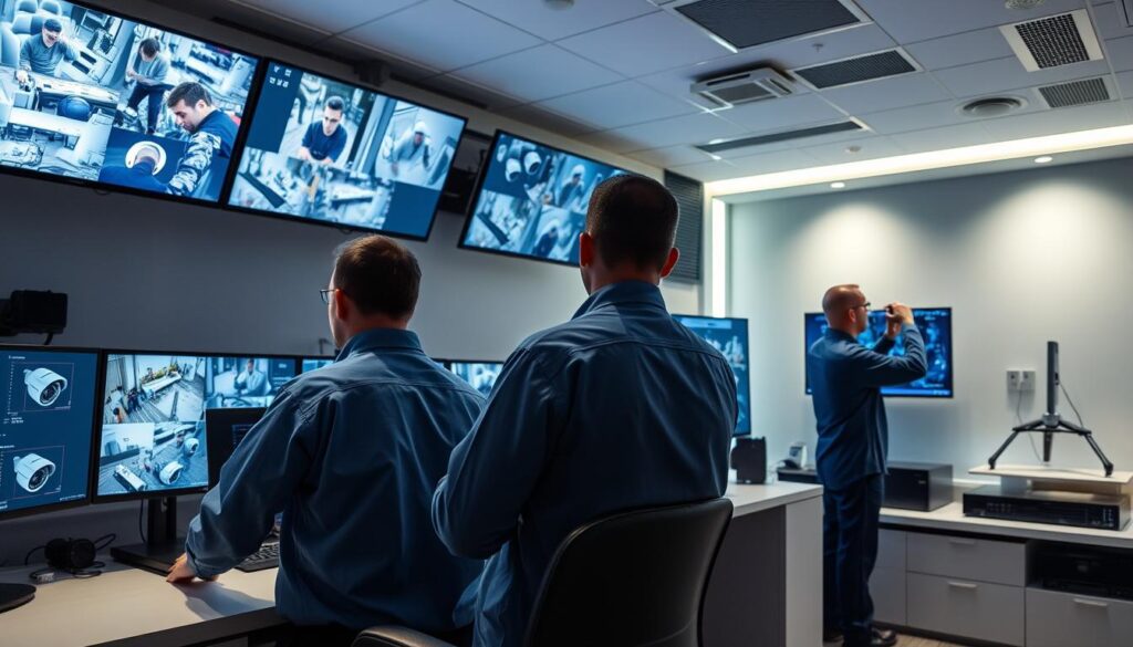 A well-lit, modern CCTV control room, with multiple high-resolution displays showcasing live camera feeds. Technicians in the foreground meticulously configuring state-of-the-art security equipment, while a technician in the background is integrating the latest IP-based CCTV system. The room is filled with the soft glow of monitors, conveying a sense of vigilance and technological sophistication. Sleek, minimalist design elements, including a seamless workstation and discreet storage solutions, highlight the advanced nature of the CCTV upgrades and integration services offered. A well-lit, modern CCTV control room, with multiple high-resolution displays showcasing live camera feeds. Technicians in the foreground meticulously configuring state-of-the-art security equipment, while a technician in the background is integrating the latest IP-based CCTV system. The room is filled with the soft glow of monitors, conveying a sense of vigilance and technological sophistication. Sleek, minimalist design elements, including a seamless workstation and discreet storage solutions, highlight the advanced nature of the CCTV upgrades and integration services offered.