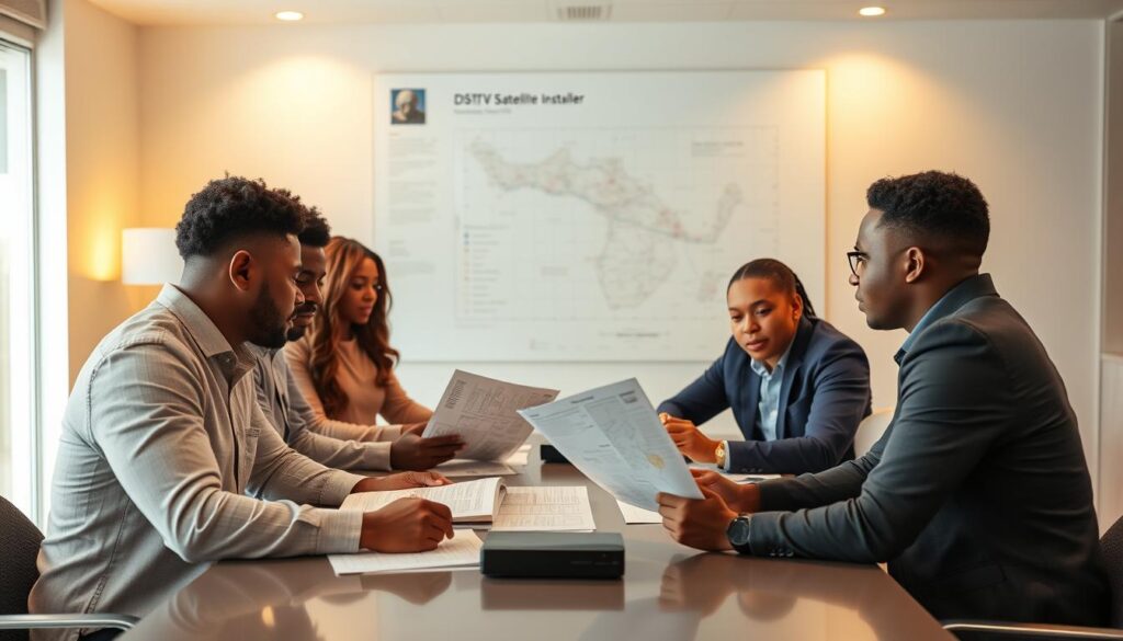 A well-lit, professional office setting with a team of accredited DStv installers in Rivonia, South Africa, seated around a table, discussing satellite installation plans. Soft lighting illuminates their faces as they review schematics and technical manuals. In the background, a large map of the local area showcases the coverage region. The atmosphere is one of expertise, collaboration, and a commitment to providing top-quality DStv installation and repair services to the Rivonia community. A well-lit, professional office setting with a team of accredited DStv installers in Rivonia, South Africa, seated around a table, discussing satellite installation plans. Soft lighting illuminates their faces as they review schematics and technical manuals. In the background, a large map of the local area showcases the coverage region. The atmosphere is one of expertise, collaboration, and a commitment to providing top-quality DStv installation and repair services to the Rivonia community.