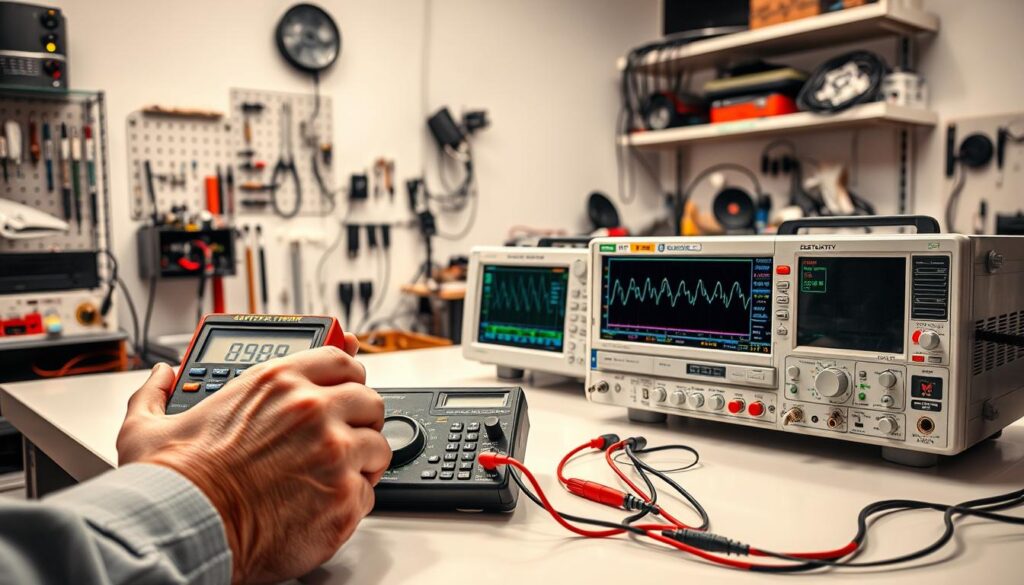 A well-lit studio scene featuring a variety of DStv diagnostic equipment laid out on a clean workbench. In the foreground, an engineer's hand operates a digital multimeter, carefully testing the connections of a DStv satellite receiver. In the middle ground, an oscilloscope displays waveforms, offering insights into the signal quality. In the background, shelves hold an assortment of tools, cables, and spare parts, creating an organized, professional workspace. The overall atmosphere conveys a sense of technical expertise and the dedication to resolving common DStv problems. A well-lit studio scene featuring a variety of DStv diagnostic equipment laid out on a clean workbench. In the foreground, an engineer's hand operates a digital multimeter, carefully testing the connections of a DStv satellite receiver. In the middle ground, an oscilloscope displays waveforms, offering insights into the signal quality. In the background, shelves hold an assortment of tools, cables, and spare parts, creating an organized, professional workspace. The overall atmosphere conveys a sense of technical expertise and the dedication to resolving common DStv problems.
