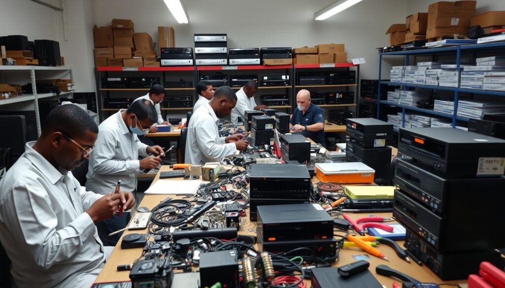 A well-lit workshop filled with professional DStv Extra View repair specialists diligently working on decoder units. In the foreground, technicians using specialized tools to diagnose and troubleshoot issues with the decoders. In the middle ground, a cluttered workbench with an array of spare parts and diagnostic equipment. In the background, shelves stocked with neatly organized DStv components and equipment. The overall atmosphere conveys a sense of expertise, efficiency, and dedication to providing high-quality DStv Extra View repair services. A well-lit workshop filled with professional DStv Extra View repair specialists diligently working on decoder units. In the foreground, technicians using specialized tools to diagnose and troubleshoot issues with the decoders. In the middle ground, a cluttered workbench with an array of spare parts and diagnostic equipment. In the background, shelves stocked with neatly organized DStv components and equipment. The overall atmosphere conveys a sense of expertise, efficiency, and dedication to providing high-quality DStv Extra View repair services.