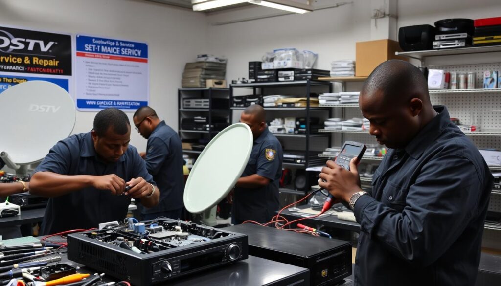 A well-lit workshop interior, featuring a team of DStv technicians diligently working on satellite dishes and set-top boxes. In the foreground, a technician carefully disassembles a receiver, surrounded by an array of specialized tools. In the middle ground, another technician uses a multimeter to diagnose a circuit board, their brow furrowed in concentration. The background showcases a wall-mounted display with DStv service and repair information, along with neatly organized shelves of spare parts and accessories. The overall atmosphere conveys a sense of professionalism, attention to detail, and a dedication to providing high-quality DStv maintenance and repair services. A well-lit workshop interior, featuring a team of DStv technicians diligently working on satellite dishes and set-top boxes. In the foreground, a technician carefully disassembles a receiver, surrounded by an array of specialized tools. In the middle ground, another technician uses a multimeter to diagnose a circuit board, their brow furrowed in concentration. The background showcases a wall-mounted display with DStv service and repair information, along with neatly organized shelves of spare parts and accessories. The overall atmosphere conveys a sense of professionalism, attention to detail, and a dedication to providing high-quality DStv maintenance and repair services.