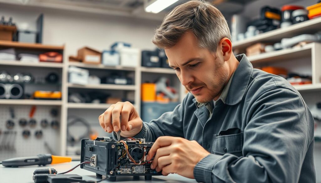 A well-lit workshop interior with a technician meticulously inspecting the intricate components of a DStv receiver. Bright task lighting illuminates the work surface, casting a warm glow on the technician's focused expression as they skillfully diagnose and repair the device. In the background, shelves stocked with replacement parts and tools hint at the depth of expertise and resources available for professional DStv maintenance and repair services. The overall atmosphere conveys a sense of competence, efficiency, and a dedication to providing high-quality technical solutions for customers. A well-lit workshop interior with a technician meticulously inspecting the intricate components of a DStv receiver. Bright task lighting illuminates the work surface, casting a warm glow on the technician's focused expression as they skillfully diagnose and repair the device. In the background, shelves stocked with replacement parts and tools hint at the depth of expertise and resources available for professional DStv maintenance and repair services. The overall atmosphere conveys a sense of competence, efficiency, and a dedication to providing high-quality technical solutions for customers.