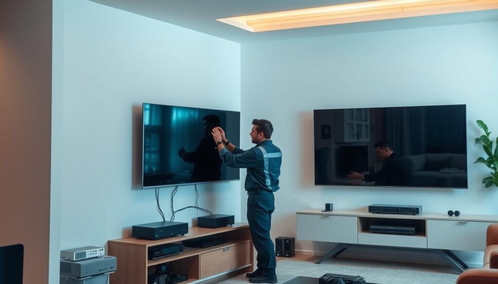 A well-organized and meticulously designed smart TV setup, captured in a well-lit, spacious room with a cozy, professional atmosphere. In the foreground, a modern smart TV mounted on the wall, surrounded by various media devices and sleek, minimalist entertainment components. In the middle ground, a technician in a uniform carefully connecting cables and configuring the system, showcasing the expertise and attention to detail required for a seamless installation. The background features a clean, modern interior with sophisticated decor, conveying a sense of sophistication and attention to detail. The overall scene exudes a sense of efficiency, reliability, and the transformative power of professional smart TV setup and installation services. A well-organized and meticulously designed smart TV setup, captured in a well-lit, spacious room with a cozy, professional atmosphere. In the foreground, a modern smart TV mounted on the wall, surrounded by various media devices and sleek, minimalist entertainment components. In the middle ground, a technician in a uniform carefully connecting cables and configuring the system, showcasing the expertise and attention to detail required for a seamless installation. The background features a clean, modern interior with sophisticated decor, conveying a sense of sophistication and attention to detail. The overall scene exudes a sense of efficiency, reliability, and the transformative power of professional smart TV setup and installation services.