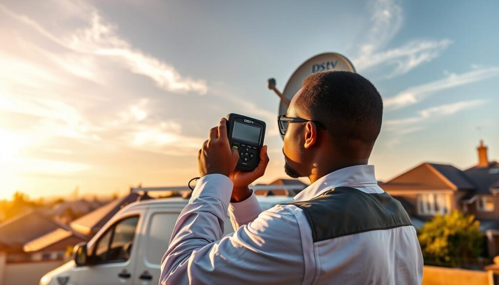 An accredited DStv installer technician, dressed in a crisp uniform, meticulously examines a satellite dish mounted on a residential rooftop. Wielding a handheld signal quality meter, he intently monitors the readouts, ensuring the optimal reception and transmission of digital television signals. The warm, golden sunlight filters through wispy clouds, casting a soft, professional glow over the scene. In the middle ground, the technician's van, emblazoned with the DStv logo, stands ready to provide any necessary equipment or tools. In the background, the serene suburban landscape stretches out, underscoring the technician's dedication to delivering superior signal repair services to the local community. An accredited DStv installer technician, dressed in a crisp uniform, meticulously examines a satellite dish mounted on a residential rooftop. Wielding a handheld signal quality meter, he intently monitors the readouts, ensuring the optimal reception and transmission of digital television signals. The warm, golden sunlight filters through wispy clouds, casting a soft, professional glow over the scene. In the middle ground, the technician's van, emblazoned with the DStv logo, stands ready to provide any necessary equipment or tools. In the background, the serene suburban landscape stretches out, underscoring the technician's dedication to delivering superior signal repair services to the local community.