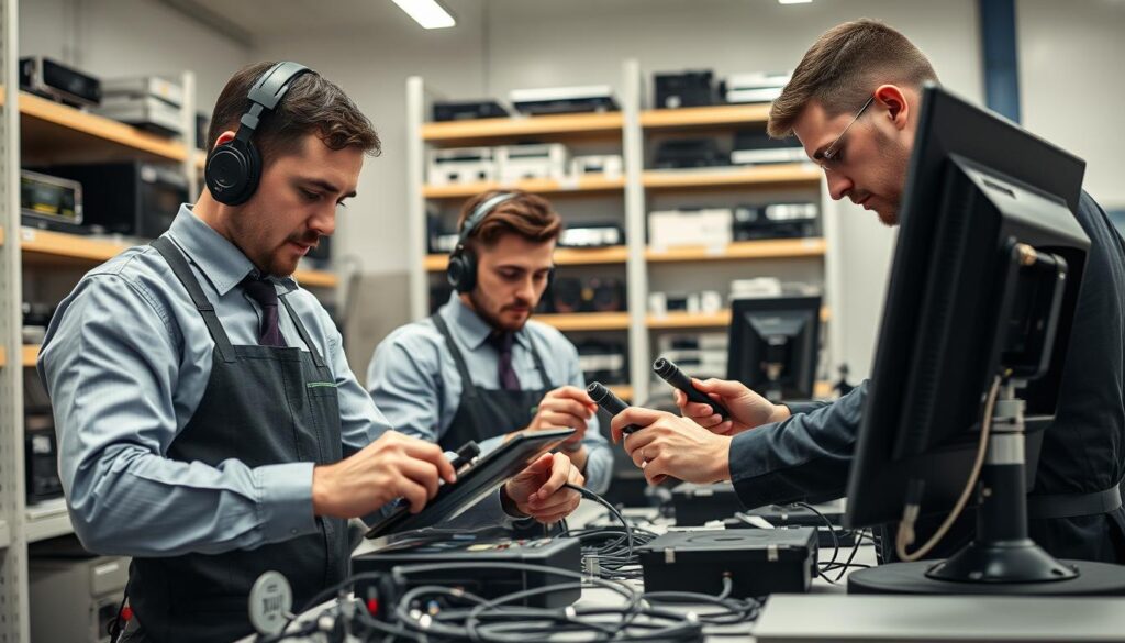 Certified DSTV technicians in Craigavon, Northern Ireland, working diligently in a well-equipped workshop. The technicians, dressed in professional uniforms, focus intently on the DSTV equipment, utilizing specialized tools and diagnostic equipment. The workshop is well-lit, with a clean and organized layout, conveying a sense of expertise and reliability. In the background, shelves display a variety of DSTV components, showcasing the technicians' comprehensive knowledge and ability to handle any DSTV-related issue. The overall atmosphere exudes professionalism, attention to detail, and a commitment to providing top-notch DSTV installation and repair services to the local community. Certified DSTV technicians in Craigavon, Northern Ireland, working diligently in a well-equipped workshop. The technicians, dressed in professional uniforms, focus intently on the DSTV equipment, utilizing specialized tools and diagnostic equipment. The workshop is well-lit, with a clean and organized layout, conveying a sense of expertise and reliability. In the background, shelves display a variety of DSTV components, showcasing the technicians' comprehensive knowledge and ability to handle any DSTV-related issue. The overall atmosphere exudes professionalism, attention to detail, and a commitment to providing top-notch DSTV installation and repair services to the local community.