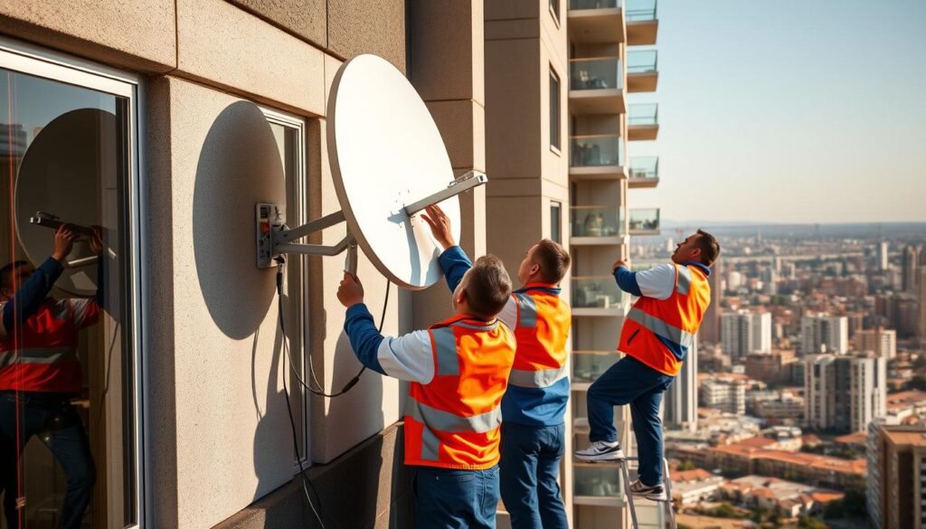 Certified communal DStv technicians in vibrant uniforms, meticulously installing a shared satellite dish system on a modern apartment building. Sunlight streams through the windows, casting warm shadows on the efficient teamwork. Carefully positioning the dish, running cables neatly along the walls, ensuring every resident has access to the latest DStv entertainment. In the background, the bustling Sandton cityscape provides an urban backdrop, highlighting the practical solutions DStv Installer Sandton offers for communal living. Certified communal DStv technicians in vibrant uniforms, meticulously installing a shared satellite dish system on a modern apartment building. Sunlight streams through the windows, casting warm shadows on the efficient teamwork. Carefully positioning the dish, running cables neatly along the walls, ensuring every resident has access to the latest DStv entertainment. In the background, the bustling Sandton cityscape provides an urban backdrop, highlighting the practical solutions DStv Installer Sandton offers for communal living.