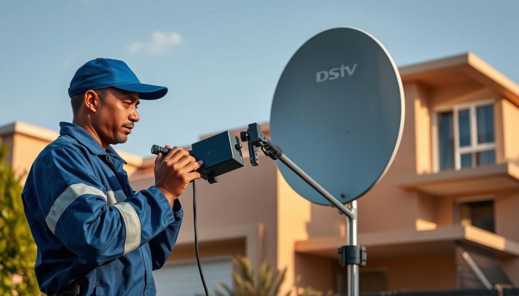 Detailed digital illustration of a DStv smart LNB installation. Foreground features a technician in a blue uniform carefully connecting the LNB to the satellite dish with precision tools. Middle ground shows the satellite dish mounted on a sturdy metal pole, angled precisely towards the sky. Background depicts a modern residential building with clean architectural lines. The scene is bathed in warm, natural lighting, creating a sense of professionalism and expertise. Technical details like cable routing, connectors, and alignment adjustments are clearly visible, conveying the complexity and care required for a proper DStv installation. The overall mood is one of competence, reliability, and attention to detail. Detailed digital illustration of a DStv smart LNB installation. Foreground features a technician in a blue uniform carefully connecting the LNB to the satellite dish with precision tools. Middle ground shows the satellite dish mounted on a sturdy metal pole, angled precisely towards the sky. Background depicts a modern residential building with clean architectural lines. The scene is bathed in warm, natural lighting, creating a sense of professionalism and expertise. Technical details like cable routing, connectors, and alignment adjustments are clearly visible, conveying the complexity and care required for a proper DStv installation. The overall mood is one of competence, reliability, and attention to detail.