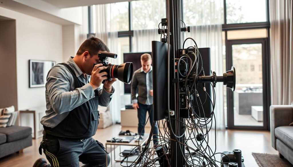 Professional DStv installation vs DIY setup: A comprehensive comparison in high-quality, cinematic style. In the foreground, a professional DStv technician meticulously installs the Explora Ultra system, using specialized tools and adhering to industry standards. The middle ground depicts a DIY enthusiast attempting the setup, surrounded by a jumble of cables and accessories. The background showcases the sleek, modern interiors of a Sandton home, with natural lighting filtering in through large windows. The contrast between the two setups highlights the expertise and attention to detail that a professional installation provides, ensuring optimal performance and a seamless user experience. Professional DStv installation vs DIY setup: A comprehensive comparison in high-quality, cinematic style. In the foreground, a professional DStv technician meticulously installs the Explora Ultra system, using specialized tools and adhering to industry standards. The middle ground depicts a DIY enthusiast attempting the setup, surrounded by a jumble of cables and accessories. The background showcases the sleek, modern interiors of a Sandton home, with natural lighting filtering in through large windows. The contrast between the two setups highlights the expertise and attention to detail that a professional installation provides, ensuring optimal performance and a seamless user experience.