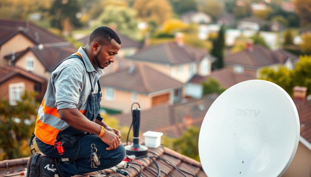 a detailed, high-quality image of a professional DStv Extra View installation service coverage, showcasing a technician working on a satellite dish installation against the backdrop of a residential suburb. The image should have a crisp, clean composition with warm lighting, capturing the expertise and dedication of the service provider. The foreground should feature the technician in a focused, working pose, surrounded by the necessary tools and equipment. The middle ground should depict the satellite dish being installed on a rooftop, with the surrounding houses and trees creating a pleasant, suburban atmosphere. The background should subtly suggest the wider geographical coverage area, hinting at the comprehensive nature of the service. The overall mood should convey a sense of professionalism, reliability, and customer-centric service. a detailed, high-quality image of a professional DStv Extra View installation service coverage, showcasing a technician working on a satellite dish installation against the backdrop of a residential suburb. The image should have a crisp, clean composition with warm lighting, capturing the expertise and dedication of the service provider. The foreground should feature the technician in a focused, working pose, surrounded by the necessary tools and equipment. The middle ground should depict the satellite dish being installed on a rooftop, with the surrounding houses and trees creating a pleasant, suburban atmosphere. The background should subtly suggest the wider geographical coverage area, hinting at the comprehensive nature of the service. The overall mood should convey a sense of professionalism, reliability, and customer-centric service.