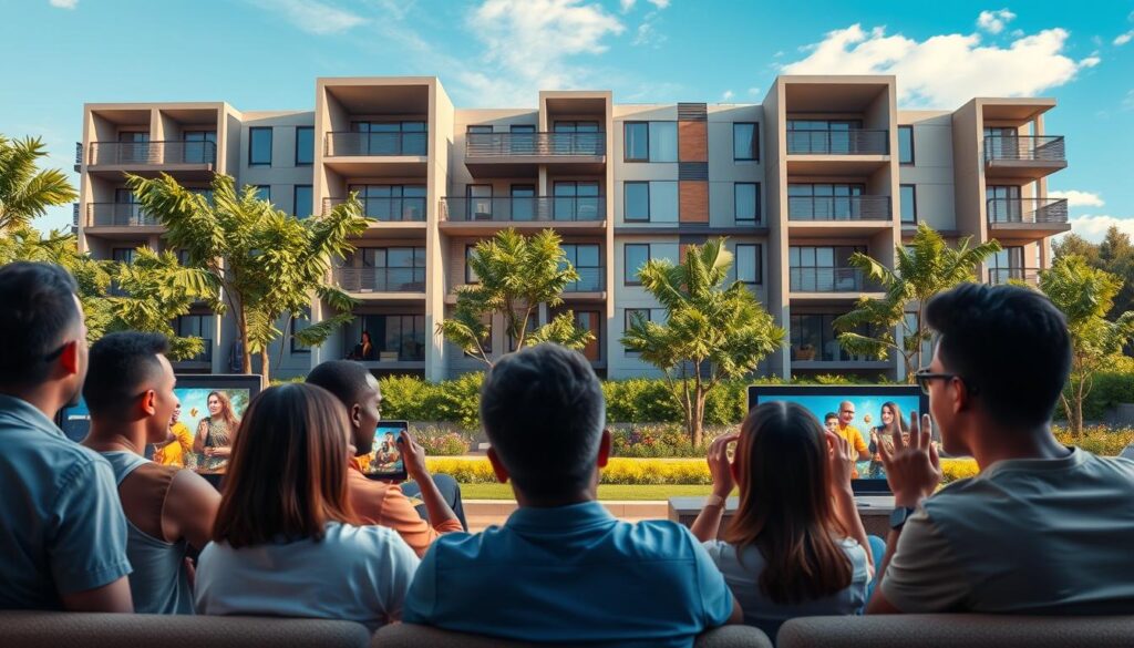 a detailed, photorealistic illustration of the key benefits of a communal DStv system for property developers, set in a modern, high-end residential apartment building. The foreground shows a group of diverse tenants happily enjoying DStv programming on their individual TVs, conveying the convenience and cost-savings of a shared system. The middle ground features the building's exterior, showcasing a sleek, contemporary architectural design. The background contains lush, verdant landscaping and a clear, blue sky, creating a sense of warmth and tranquility. Subtle lighting and a wide-angle lens capture the scene in a clean, aspirational style that emphasizes the communal DStv connection as a desirable amenity for upscale real estate developments. a detailed, photorealistic illustration of the key benefits of a communal DStv system for property developers, set in a modern, high-end residential apartment building. The foreground shows a group of diverse tenants happily enjoying DStv programming on their individual TVs, conveying the convenience and cost-savings of a shared system. The middle ground features the building's exterior, showcasing a sleek, contemporary architectural design. The background contains lush, verdant landscaping and a clear, blue sky, creating a sense of warmth and tranquility. Subtle lighting and a wide-angle lens capture the scene in a clean, aspirational style that emphasizes the communal DStv connection as a desirable amenity for upscale real estate developments.