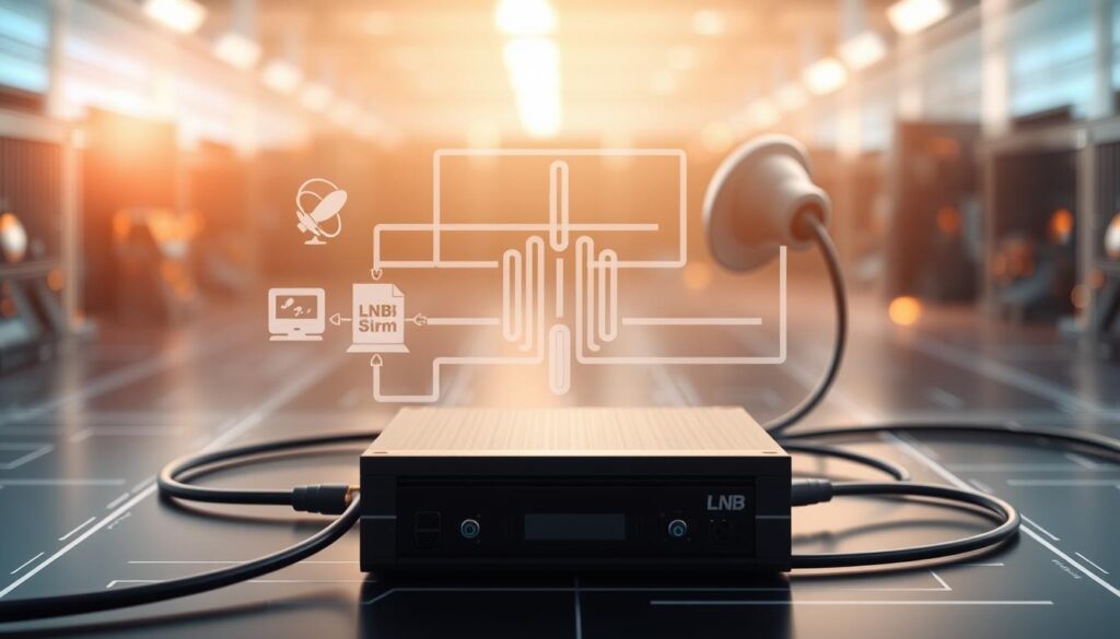 a detailed technical illustration of a smart LNB unicable system, showcasing the various components and connections. the scene depicts a sleek, modern design with a minimalist aesthetic. the LNB unit is prominently featured in the foreground, surrounded by crisp cables and interconnections. the middle ground features a stylized diagram of the signal flow and distribution, with clean line work and geometric shapes. the background blends a soft, out-of-focus technological backdrop, with subtle hints of circuit boards and electronic components. the lighting is bright and directional, creating depth and highlighting the technical details. the overall mood is one of precision, innovation, and advanced DStv infrastructure. a detailed technical illustration of a smart LNB unicable system, showcasing the various components and connections. the scene depicts a sleek, modern design with a minimalist aesthetic. the LNB unit is prominently featured in the foreground, surrounded by crisp cables and interconnections. the middle ground features a stylized diagram of the signal flow and distribution, with clean line work and geometric shapes. the background blends a soft, out-of-focus technological backdrop, with subtle hints of circuit boards and electronic components. the lighting is bright and directional, creating depth and highlighting the technical details. the overall mood is one of precision, innovation, and advanced DStv infrastructure.