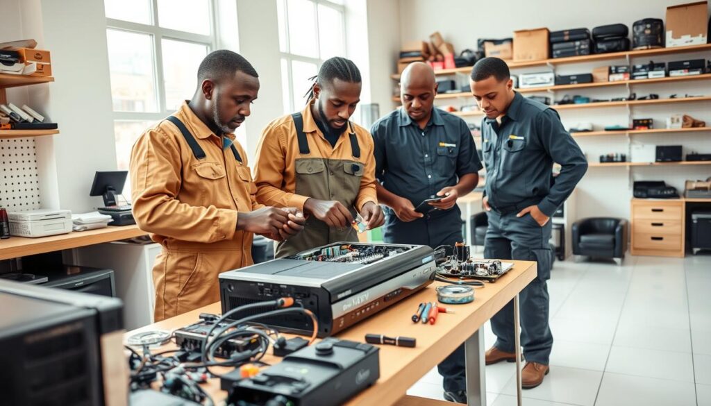 a highly detailed photograph of a team of three multichoice accredited technicians performing professional DSTV repairs in a well-lit workshop setting. the technicians are wearing uniform overalls and are carefully examining and troubleshooting a DSTV decoder on a workbench, surrounded by various DSTV components and tools. the workshop is clean and organized, with a white tiled floor and walls lined with shelves of spare parts and equipment. natural light streams in from large windows, creating a bright and professional atmosphere. the technicians' expressions convey a sense of focused expertise as they diligently work to resolve the DSTV issue. a highly detailed photograph of a team of three multichoice accredited technicians performing professional DSTV repairs in a well-lit workshop setting. the technicians are wearing uniform overalls and are carefully examining and troubleshooting a DSTV decoder on a workbench, surrounded by various DSTV components and tools. the workshop is clean and organized, with a white tiled floor and walls lined with shelves of spare parts and equipment. natural light streams in from large windows, creating a bright and professional atmosphere. the technicians' expressions convey a sense of focused expertise as they diligently work to resolve the DSTV issue.