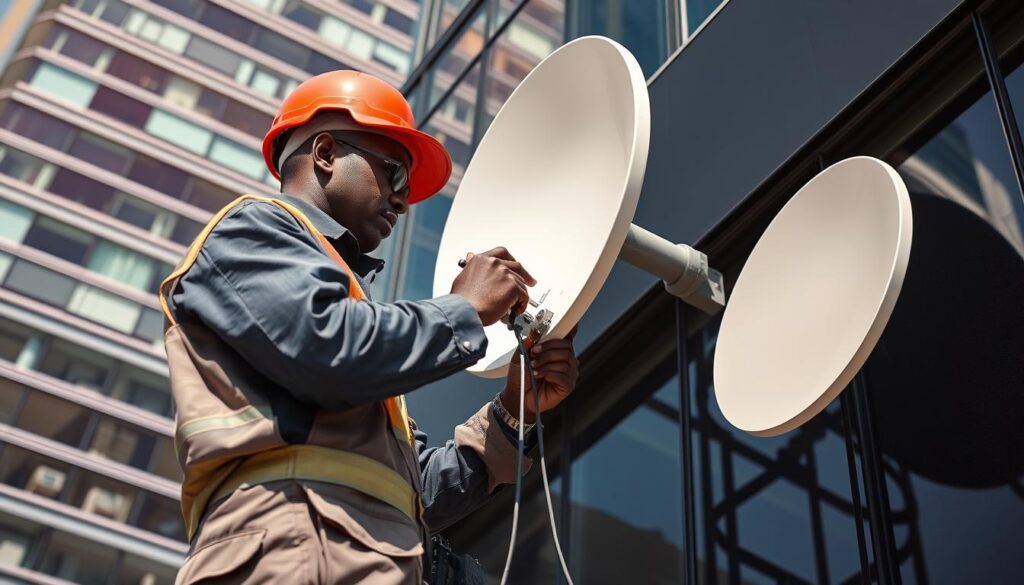 a professional technician installing a dstv satellite dish and cabling on the exterior of a modern commercial building in sandton, johannesburg, south africa. the technician is wearing a uniform and working carefully with specialized tools. the building has a contemporary glass and steel facade. the scene is captured with a wide-angle lens, showing the technician's work in the foreground and the surrounding urban environment in the background. the lighting is bright and natural, highlighting the intricate details of the installation process. the overall atmosphere conveys a sense of expertise, efficiency and attention to detail in providing high-quality dstv services for commercial properties in the sandton area. a professional technician installing a dstv satellite dish and cabling on the exterior of a modern commercial building in sandton, johannesburg, south africa. the technician is wearing a uniform and working carefully with specialized tools. the building has a contemporary glass and steel facade. the scene is captured with a wide-angle lens, showing the technician's work in the foreground and the surrounding urban environment in the background. the lighting is bright and natural, highlighting the intricate details of the installation process. the overall atmosphere conveys a sense of expertise, efficiency and attention to detail in providing high-quality dstv services for commercial properties in the sandton area.