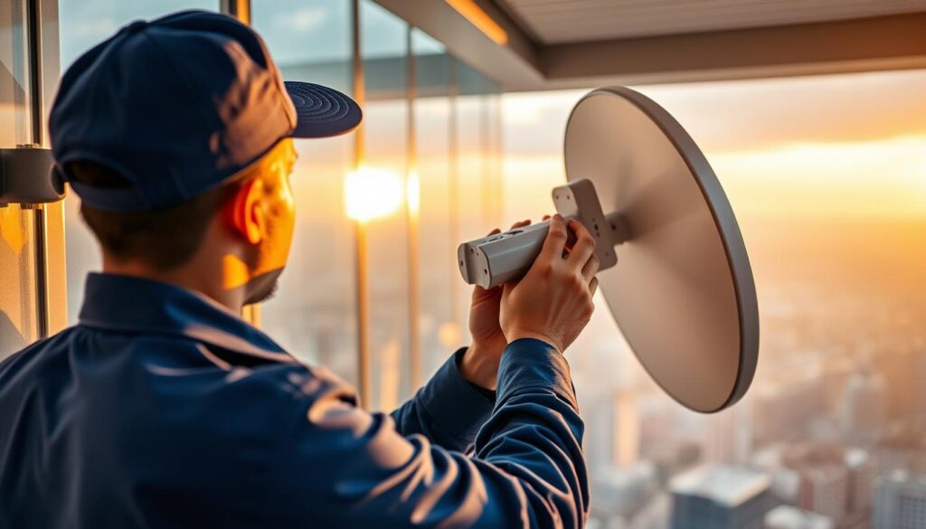 professional dstv lnb installation in a modern sandton office, a technician in a blue uniform neatly installs a dstv twin lnb on a satellite dish mounted on the exterior of a high-rise building, the technician's hands and tools are in focus as they work, the background is slightly blurred but shows the skyline of sandton's financial district, warm lighting casts a golden glow on the scene, the overall mood is one of efficient and competent service professional dstv lnb installation in a modern sandton office, a technician in a blue uniform neatly installs a dstv twin lnb on a satellite dish mounted on the exterior of a high-rise building, the technician's hands and tools are in focus as they work, the background is slightly blurred but shows the skyline of sandton's financial district, warm lighting casts a golden glow on the scene, the overall mood is one of efficient and competent service